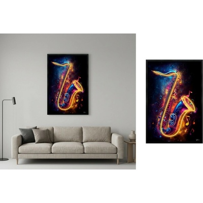 Hudobný obraz na stenu s LED efektom – pop art neónový saxofón – 63 × 93 cm