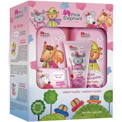 Pink Elephant Veverka Anička šampón 500 ml + Činčila Nela zubná pasta 50 ml + Mačička Sonička pena do kúpeľa 500 ml + Myška Mia krémové mydlo 90 g darčeková sada