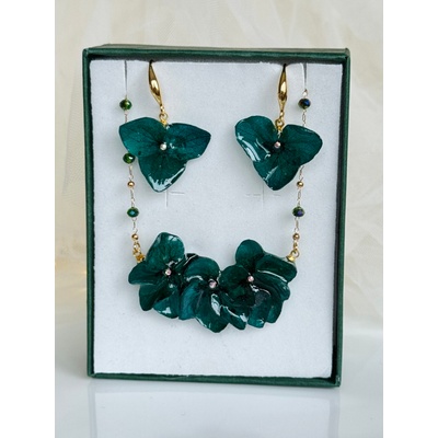 Meganflo Комплект бижута от истински цветя - хортензия в смарагдово зелено