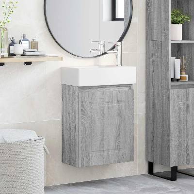 vidaXL Мивка за баня със смесител Сив Сонома 45, 5 x 22, 5 x 84 см (889477)