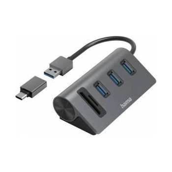 Hama USB хъб/четец HAMA на карти, 5 порта, 3x USB-A, SD, microSD, вкл. USB-C адаптер, Черен/Сив, HAMA-200140