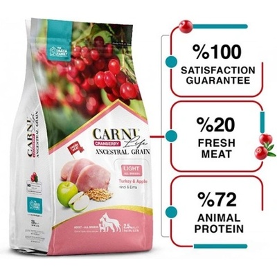 The Maya Family Carni Life Cranberry ADULT Light Hyper Premium - храна за Всички Породи Кучета с ПУЙКА И ЯБЪЛКА - 12 кг, Турция