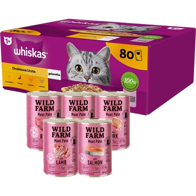 WHISKAS Adult sáček 80 x 85 g Drůbeží hostina + WILD FARM Pate 5 x 400 g MIX