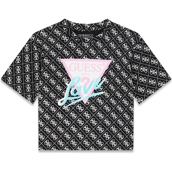 GUESS Черна тениска с бели лога за момиче и с лого Guess Love
