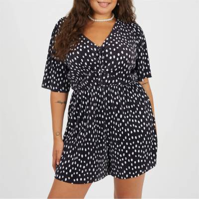 Brave Soul Womens Plus Size Plisse Romper in Polka Dot Print - Black/White