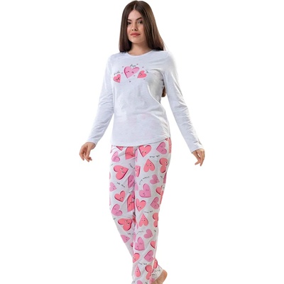 Дамска пижама с дълъг ръкав в светлосиво и сърца
