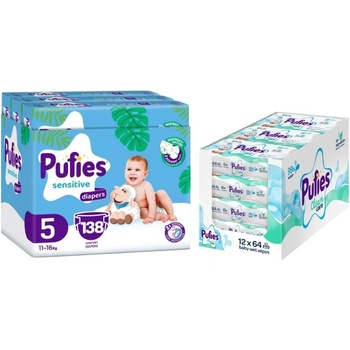 pufies Бебешки пелени Pufies Sensitive - Размер 5, 11-16 kg, 138 броя + мокри кърпи Pufies Clean Care, 12 х 64 броя (3800024036019+13800024027540)