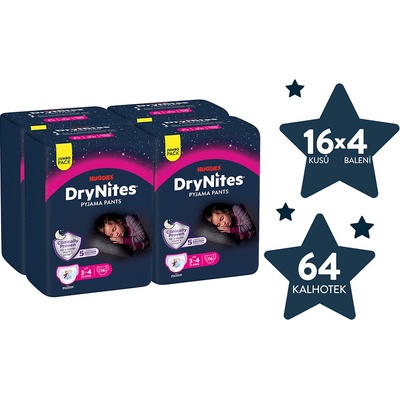 DryNites Natahovací kalhotky na noc pro dívky JUMBO box 3-4 roky / 12-21 kg / 4x16 ks