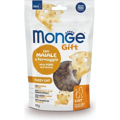 Monge gift filled and crunchy fussy cat - лакомство за капризни котки със свинско и сирене, без зърнени култури