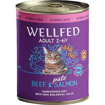 Wellfed Sterilised Adult Beef and Salmon with Salmon oil (12 months - 7 years) консерва за кастрирани котки с говеждо и сьомга 800gr