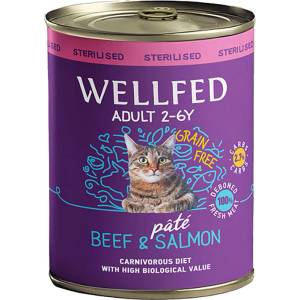 PETINTEREST Wellfed Sterilised Adult Beef and Salmon with Salmon oil (12 months - 7 years) консерва за кастрирани котки с говеждо и сьомга 800gr