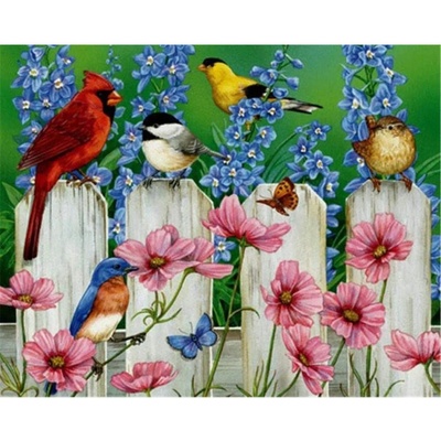Диамантен Гоблен "Птичета на ограда" - 40 x 32 см, Кръгли мъниста
