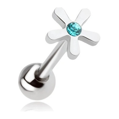 Šperky eshop piercing do jazyka z oceli květ s akvamarínovým zirkonem PC10.17