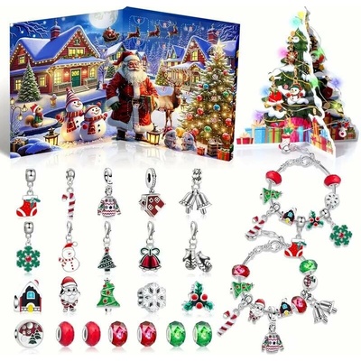 Abatoni Vánoční Adventní kalendář se 2 náramky a 22 přívěsky - barva stříbrná, červená a zelená (sada pro výrobu náramků)