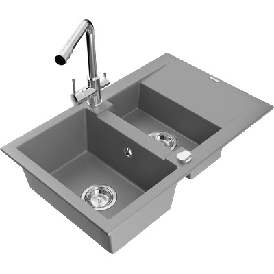 Mexen Gaspar мивка от гранит с 1, 5 камери с отцедник и кухненски смесител Duero, сив - 6507-71-671600-00 (6507-71-671600-00)