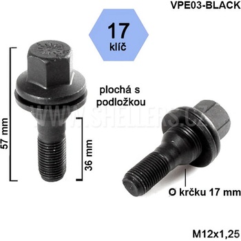 Kolový šroub M12x1,25x36, VPE03-BLACK, plochá podložka, CITROËN, FIAT, PEUGEOT, černý, klíč 17, výška 57 mm