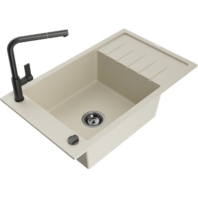 Mexen Elias гранитна мивка с една купа с отцедник и кухненски смесител Flora, бежов - 6511-69-670401-70-B (6511-69-670401-70-B)