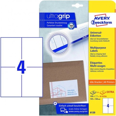 Avery-Zweckform 6120 105 x 148 mm papier biela 120 ks trvalé univerzálne etikety atrament, laser, kópie 30 listov A4; 6120