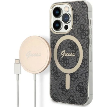 GUESS Комплект безжично зарядно устройство и кейс Guess GUBPP14XH4EACSK за iPhone 14 Pro Max 6.7"", черен / черен, твърд, съвместим с MagSafe, 4G Print (GUE002547-0)