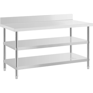 Royal Catering Маса от неръждаема стомана с гръб - 150 x 70 x 16, 5 см - 500 кг - 2 рафта - Royal Catering RCAT-150/70-SPS3SH (RCAT-150/70-SPS3SH)