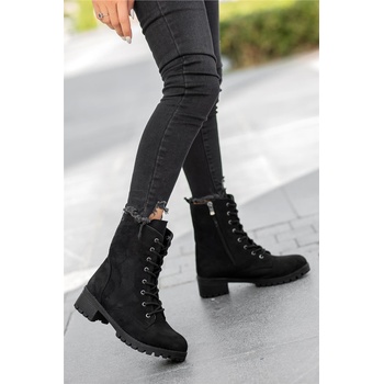 Moda Trend Дамски велурени боти с цип и връзки - Черни #362397 (362397_Черно)