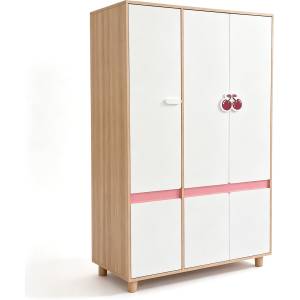 Ginger Home Детски Трикрилен Гардероб ginger home cherry, с Рафтове, Лост за Закачалки и 6 Врати, Бяло, Розово и Натурално Дърво, 120х60х180 см (srw-56)