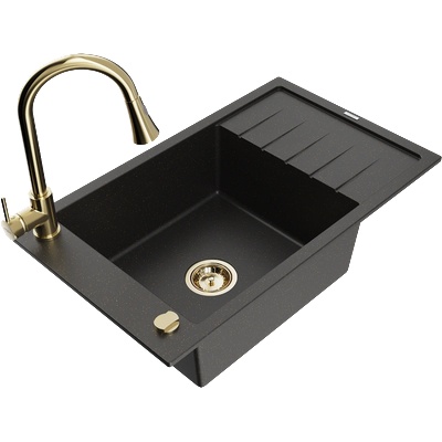 Mexen Elias гранитна мивка с 1 отделение с отцедник и кухненски смесител Elia, черен/златист металик - 6511-75-670101-50 (6511-75-670101-50)