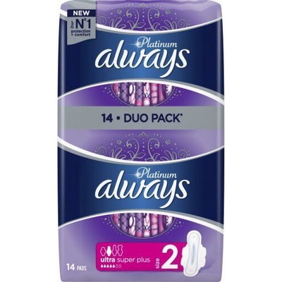 Always Дамски превръзки с крилца Always Platinum - Super plus Duo, 14 броя