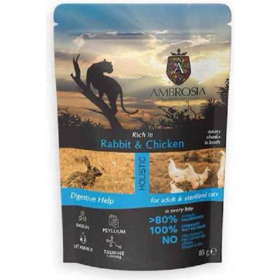 AMBROSIA Pouch Cat Adult Sterilized Rabbit Chicken Digestive Help - пауч, пълноценна, балансирана мокра храна, идеална за пораснали и кастрирани котки - 85 гр, Франция