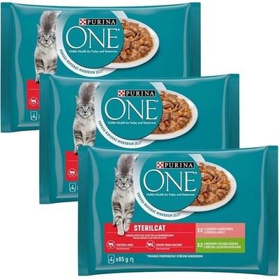 PURINA ONE STERILCAT с пуйка и зелени фасул в сос, с сьомга и морков в сос, 12 x 85 г