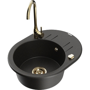 Mexen Kevin гранитна мивка с 1 купа с отцедник и кухненски смесител Telma, черен/златен металик - 6517-75-670200-50 (6517-75-670200-50)