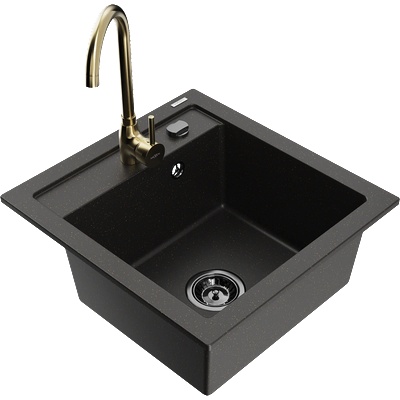 Mexen Vito мивка от гранит с едно корито и кухненски смесител Telma, черно/златист металик - 6503-75-670200-50-B (6503-75-670200-50-B)