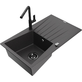 Mexen Cesar гранитна мивка с 1 камера, с отцеденник и кухненски смесител Flora, черен на пръски - 6514-76-670401-70-B (6514-76-670401-70-B)