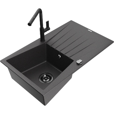 Mexen Cesar гранитна мивка с 1 камера, с отцеденник и кухненски смесител Flora, черен на пръски - 6514-76-670401-70-B (6514-76-670401-70-B)