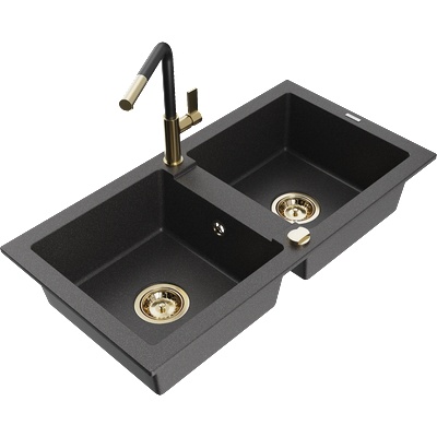 Mexen Mario гранитна мивка с 2 камери с кухненски смесител Flora, черен на точки - 6504-76-670401-57-G (6504-76-670401-57-G)