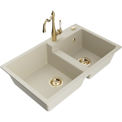 Mexen Tomas двоен гранитен мивка с кухненски смесител Carla, бежов - 6516-69-670700-50 (6516-69-670700-50)