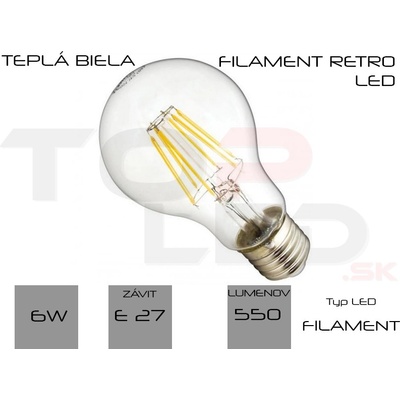 HIBRIGHT LED žiarovka FILAMENT 6W E27 teplá biela