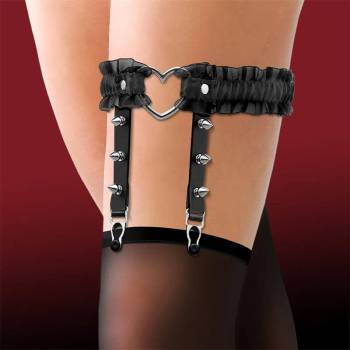 Image 1 of Cinderella Garter with Heart and Ruffles Vegan Leather Black
