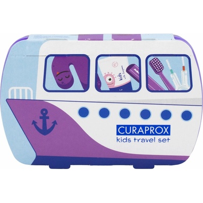 Curaprox Kids Travel fialový 1 zubná kefka + 2 medzizubné kefky + 10 ml zubná pasta melón + 1 nálepka darčeková sada