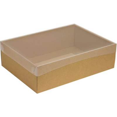 Darčeková krabica s priehľadným vekom 350x250x100/35 mm, kraftová - hnedá