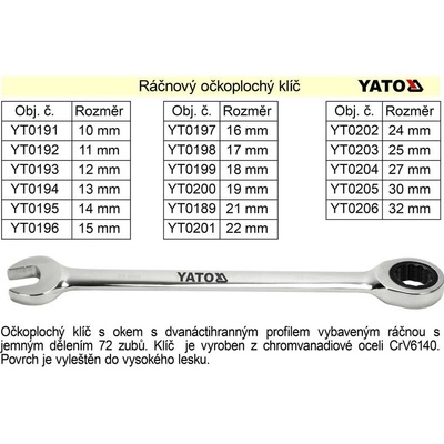Yato klíč očkoplochý 16 mm ráčnový YT-0197
