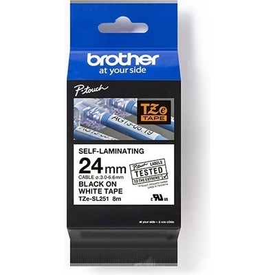 Brother originál páska do tlačiarne štítkov, Brother, TZE-SL251, čierny tlač/biely podklad, lamin., 8m, 24mm TZESL251