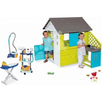 Smoby Set detský domček Pretty Blue s letnou kuchynkou+upratovací vozík s vysávačom SM810703-46