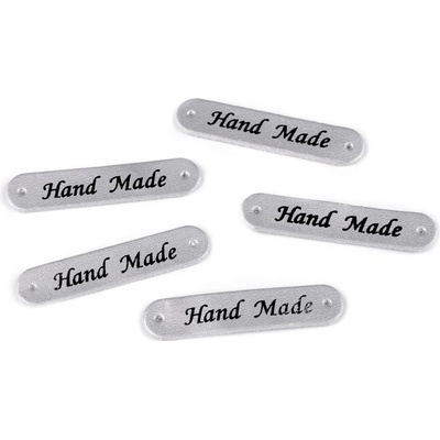 Nášivka / štítek z eko kůže Hand Made 10x48 mm, střední, 4 stříbrná metalic