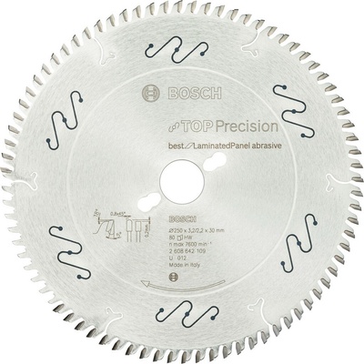 Bosch Pilový kotouč do okružních pil Top Precision Best for Laminated Panel Abrasive - 250 x 30 x 3,2 mm, 80 Accessories 2608642109 Průměr: 250 mm zubů 80 Tloušťka:3.2 mm