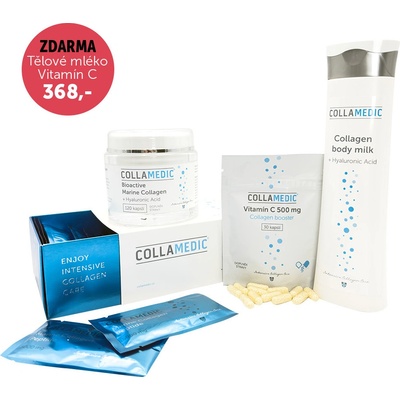 Collamedic set kolagen nápoj 5000 mg, 30 ks + kapsle s kyselinou hyaluronovou 120 ks + ZDARMA tělové mléko 300 ml