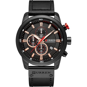 Curren Мъжки часовник Curren Chrono, Естествена кожа, Кварцов, Черен/Розово злато (CURREN-8291-BLACK-ROSEGOLD)
