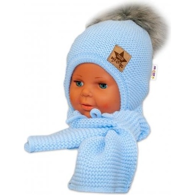 Baby Nellys Zimná čiapočka s šálom chlupáčková Bambulka sv. modrá/sivá
