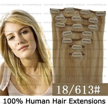 CLIP IN (klipy) pravé lidské vlasy remy 45cm odstín 18/613 melír 7 částí 70g
