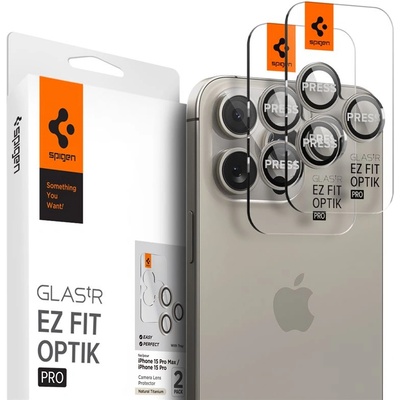 Spigen Glass tR EZ Fit Optik Pro Lens Protector 2 Pack - 2 комплекта предпазни стъклени лещи за камерата на iPhone 16 Pro, iPhone 16 Pro Max, iPhone 15 Pro, iPhone 15 Pro Max, iPhone 14 Pro, iPhone 14